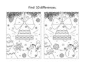 Winter holidays, New Year or Christmas bell decoration find the differences picture puzzle and coloring page Royalty Free Stock Photo